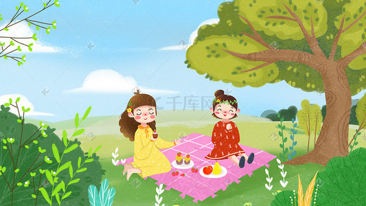 野餐用品插画图片_三月春天春游野餐插画