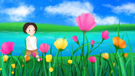 手绘插画夏日里在湖边游玩的小孩