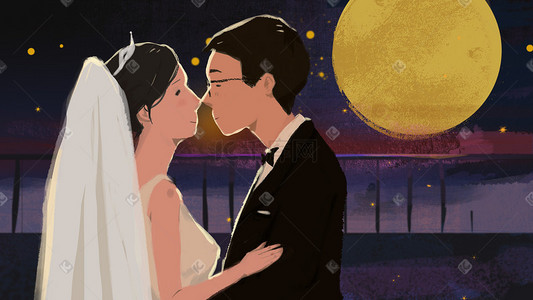 直播送婚纱插画图片_情人节婚纱定情之吻浪漫夜晚月光