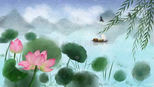 柳叶荷花插画图片_手绘水彩风谷雨风景