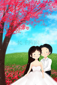 草地情侣插画图片_手绘插画樱花树下的爱情