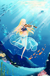 小提琴谱音符插画图片_唯美卡通水下音乐节之小提琴少女插画
