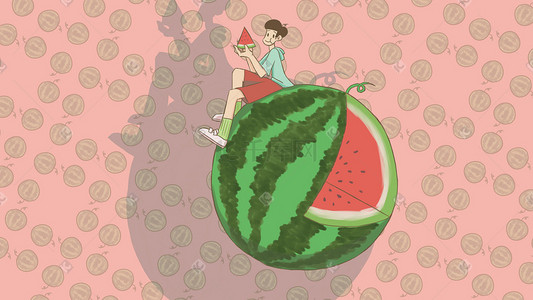 卡通夏天西瓜插画图片_粉红色创意水果夏天西瓜小清新卡通插图横版