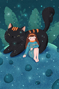 动物与女孩插画图片_卡通可爱女孩与猫治愈系插画