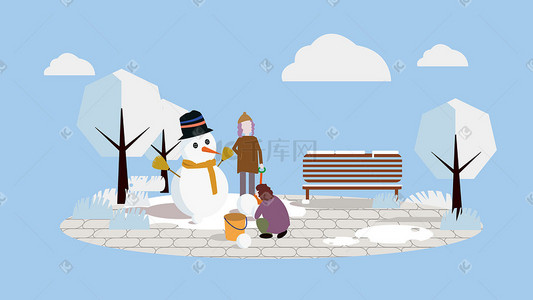 堆雪人雪景冬季白色扁平风插画