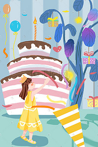 吹蜡烛插画图片_生日快乐生日蛋糕少女植物礼物卡通插画