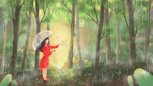 伞谷雨插画图片_小清新唯美太阳雨森林少女