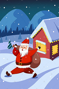 圣诞树圣诞老人雪插画图片_卡通可爱圣诞老人送礼物手绘插画圣诞