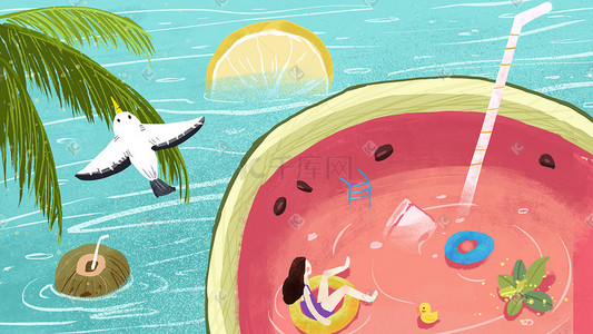 噴水池筆刷插画图片_夏日水池中的西瓜泳池