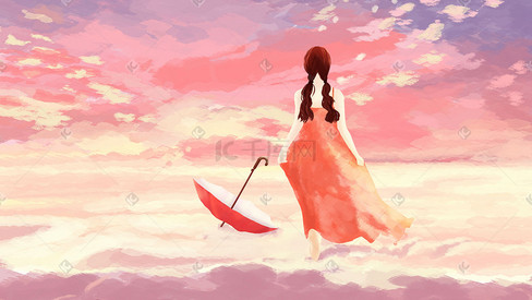 女孩在天空的云彩中漫步奔跑