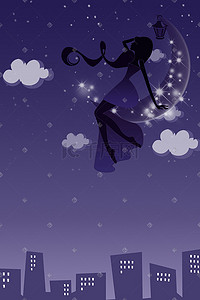 星空女孩插画图片_坐在月亮上的女孩