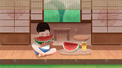 立夏—夏天男孩吃西瓜配图