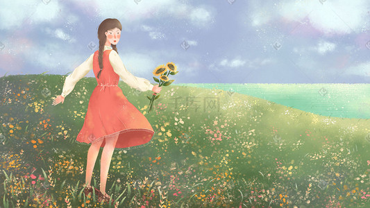 森系治愈插画图片_小清新森系治愈花野中的向日葵少女