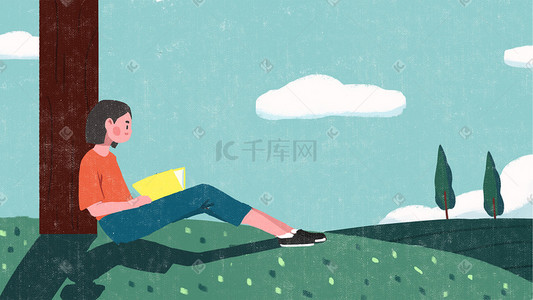 草地扁平风插画图片_绿色系扁平风草地上看书的女孩