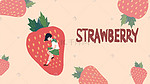 珊瑚红小清新小人和草莓创意水果插画