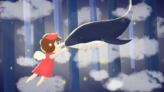 手绘翅膀插画图片_手绘治愈系森林女孩与鲸唯美插画