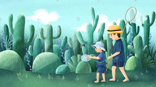 夏天小孩小孩插画图片_立夏夏至夏天植物仙人掌郊游游玩