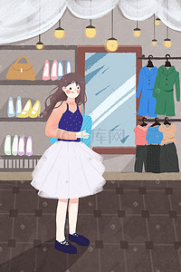 购物商城插画图片_春季妇女节女生节少女卡通人物打折促销配图