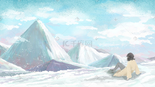 乌云雪山插画图片_冬季青春自然大场景雪山冬天少女