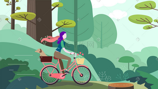骑自行车绿色插画图片_骑行在绿树成荫的小路上