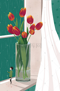 窗户雨水插画图片_谷雨春天正好花开