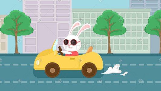 白色包装盒插画图片_城市交通出行可爱萌宠白色兔子手绘插画