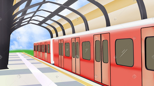 车站很多人插画图片_红色列车停在车站