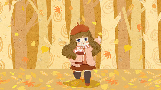 秋日出游可爱女孩森林捡落叶儿童插画