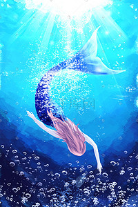 落入深海插画图片_手绘深海中的美人鱼