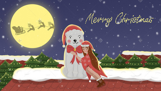 手绘圣诞节北极熊和女孩屋顶看雪景插画圣诞