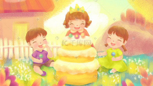 生日party插画图片_温馨欢乐小朋友生日聚会儿童插画