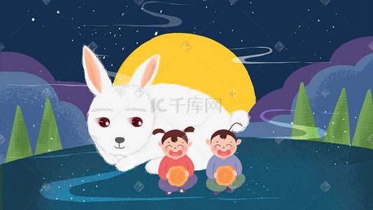 卡通中秋节兔子吃月饼插画中秋