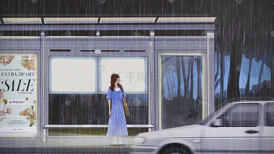 车站打工插画图片_谷雨雨水风景车少女出行车站