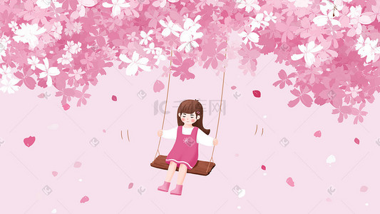 樱花花瓣手绘插画图片_花瓣飞舞的樱花树下小女孩在荡秋千