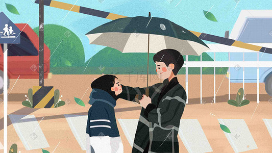下雨情侣打伞插画图片_唯美雨季下雨春雨时节情侣打伞清明下雨