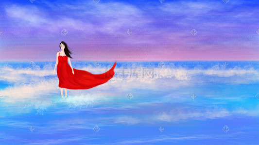 手绘海洋天空插画图片_手绘插画海上的红裙子女郎