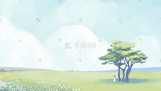 草原树和天空清新插画