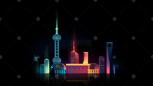 上海暴雨插画图片_暑假旅游上海城市夜景扁平风景