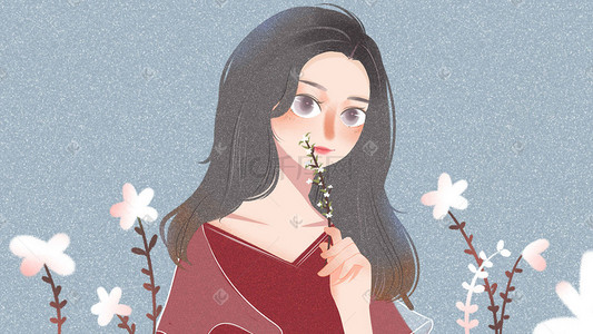 梅花枝插画图片_小清新温婉少女的梅花枝