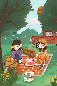 卡通野餐插画图片_劳动节女孩出游野餐卡通可爱插画