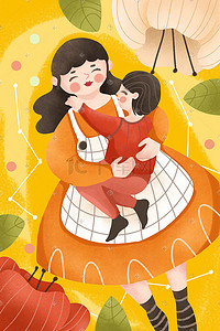 黄字购物袋插画图片_母亲节黄色系妈妈抱着孩字卡通可爱风格配图