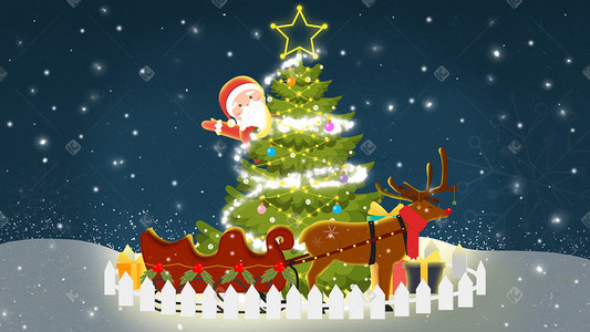 圣诞老人雪拉车插画图片_手绘冬天圣诞节亮闪闪圣诞树麋鹿拉车插画圣诞