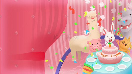 兔子粉色插画图片_可爱动物生日聚会