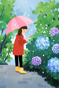 花下雨插画图片_绿色春天踏青外出赏花下雨时节