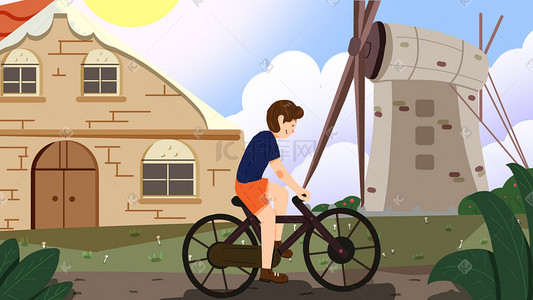 风车小清新插画图片_旅游旅行风景男孩骑自行车卡通小清新插画