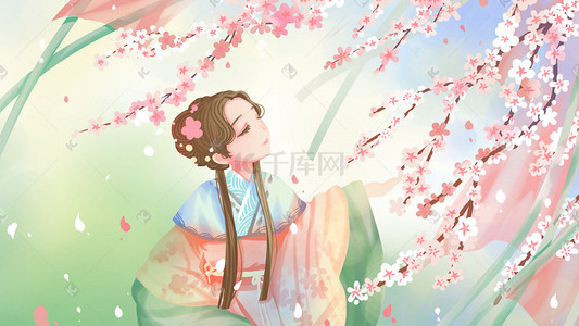 桃花唯美插画图片_唯美卡通治愈春季春天3月你好古风游玩