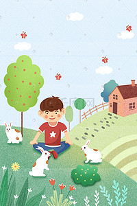 二月绿色春天男孩兔子卡通户外踏青扁平插画