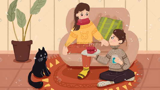 卡通冬季室内温馨夫妻情侣喝茶聊天插画