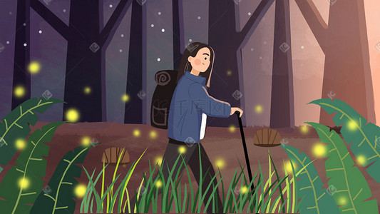 4月你好旅游踏青森林夜景植物少女卡通插画