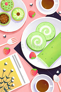 西式甜点插画图片_美食插画抹茶蛋糕卷海报背景